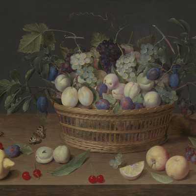 Still Life with a Basket of Fruit on a Fruit Strewn Table with Two Butterflies and a Beetle