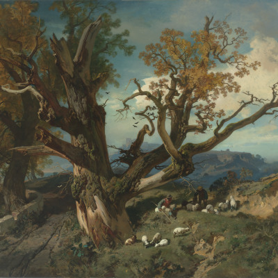 Shepherds and Their Flock Resting Under a Tree