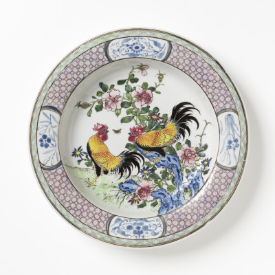 Plate with Roosters amid Peonies and Rocks