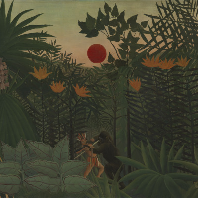 Tropical Landscape - An American Indian Struggling with a Gorilla