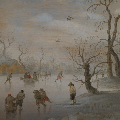 Skaters and a Horse-Drawn Sledge on a Frozen Waterway
