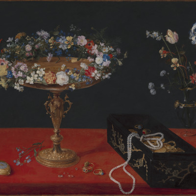Still Life with a Crown of Flowers, Tazza, Jewelry Box, Watch, and Vase of Flowers