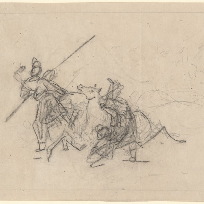 A Battle Scene with a Falling Rider and A Man Holding a Lance
