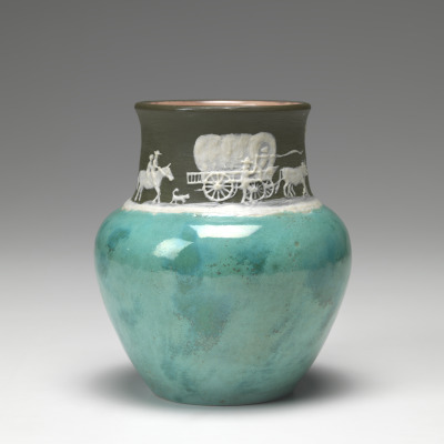 Cameo Pottery Vase with Westward Ho Scene