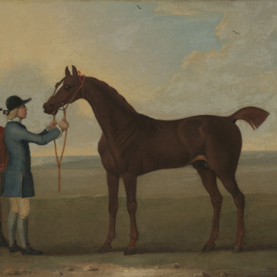 A Chestnut Racehorse with Groom and Jockey