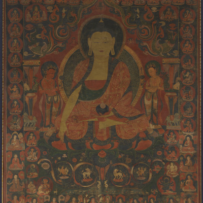 Shakyamuni Buddha with Two Bodhisattvas, Thirty-Five Buddhas of Confession, and Seventeen Arhats
