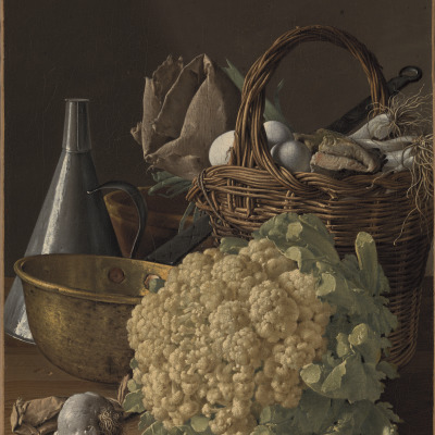 Still life with Cauliflower, Basket of Fish, Eggs, and Leeks, and Kitchen Utensils