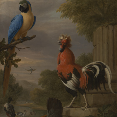Asian Silkie Fowls and South American Parrot in an Imaginary Landscape