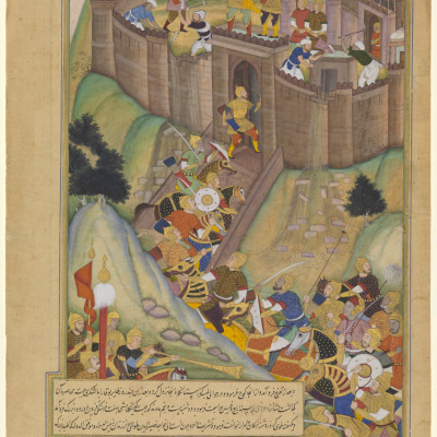 Page from a Chinghiz-nama Manuscript: Hulagu Khan Destroys the Fort at Alamut