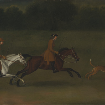 Three Riders Following Hounds towards a Five-Barred Gate