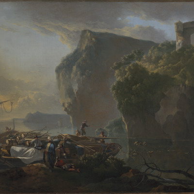 Sheer Rocky Coastline with Workmen Loading Cargo on a Barge