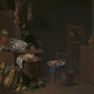 A Kitchen Scene with Poultry and Vegetables and a Maid Preparing a Meal