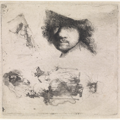 Sheet of Studies:  Head of the Artist, a Beggar Couple, Heads of an Old Man and Woman