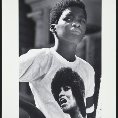 Boy at Free Angela rally in DeFremery Park when Angela Davis was in prison, Oakland, California