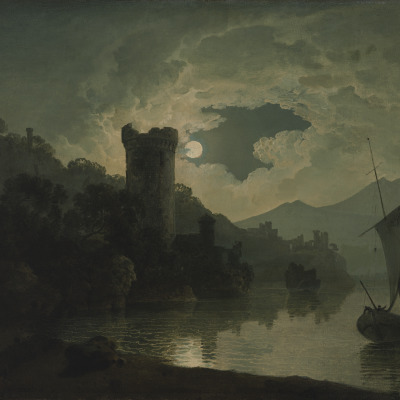 An idealized View of Vesuvius from Posillipo, with Ruins and a Tower, Seen by Moonlight