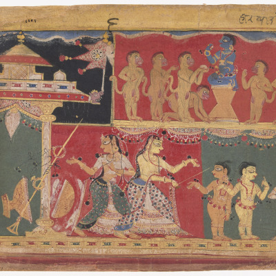 Page from a Bhagavata Purana Manuscript: Krishna Distributes Butter to the Monkeys
